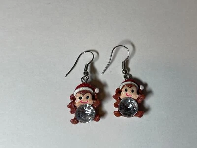 Xmas Hat Glitter Face Monkey Super Sparkly Rhinestone Dangle Earrings - Image 1 of 4