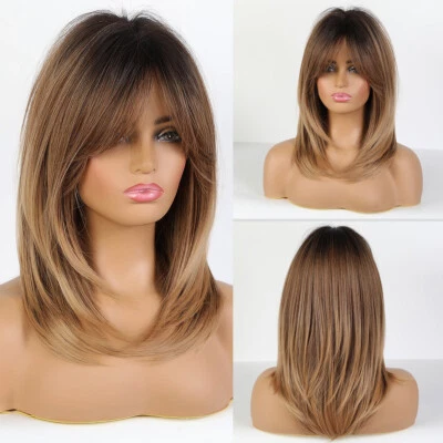 Natural Straight Layered Hair Wigs With Long Bangs for Women Ombre Brown Wig - Image 1 of 4