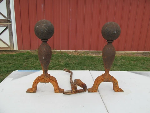 Antique Large Cannonball Top Andirons Cast Iron (Salvage Hearth for Restore) Cover
