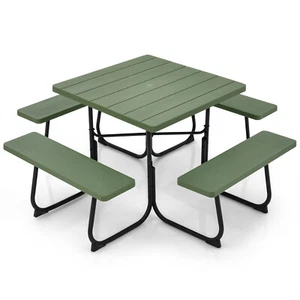 Outdoor 8-person Square Picnic Table Bench Set w/ 4 Benches & Umbrella Hole - Picture 1 of 9