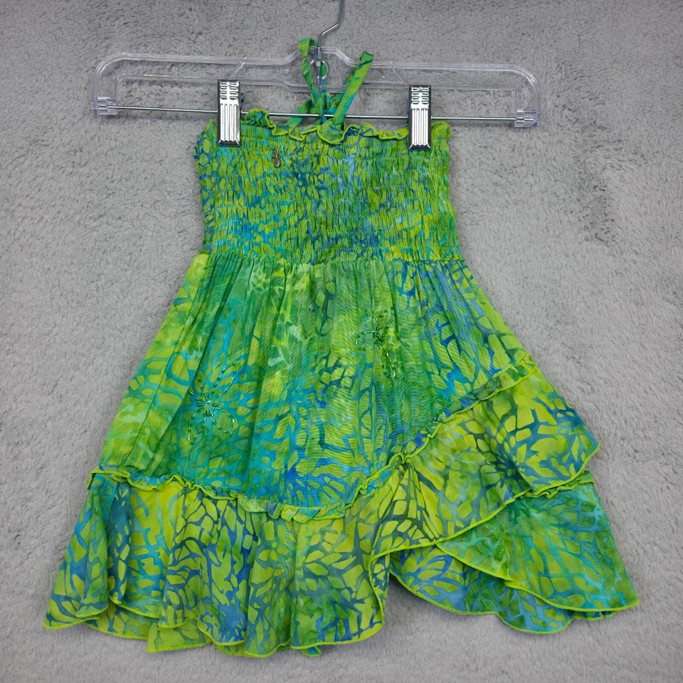 Vestido Bali Niños Bebés Niñas 3-4 Verde Calado Asimétrico Cuentas Hecho a Mano Volantes Foto 1 de 4