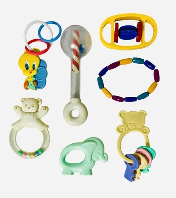 Винтажный погремушка лот из 7 Tweety медведи кольца ключи слон детские игрушки - Изображение 1 из 4