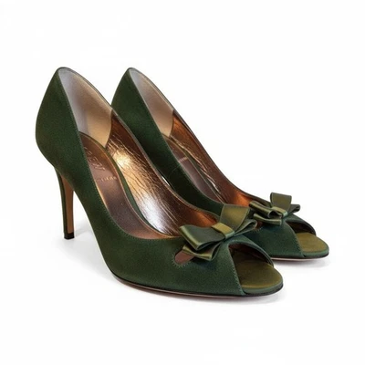 J. Crew VTG Classic Green Suede Peep Toe Heels Bow Accent Made In Italy | 7.5  - Image 1 of 4