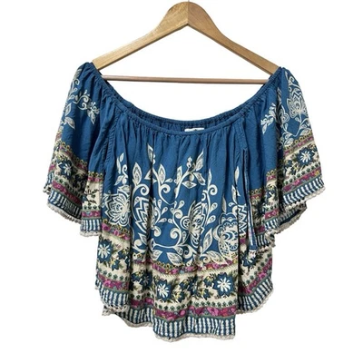 Top con volantes recortados fluidos florales Natural Life para mujer talla XL azul boho gitano Foto 1 de 4