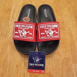 True Religion Kendrick Slides Boys Toddler Size 12 Buddha Logo Red Black Sandals - Picture 1 of 13