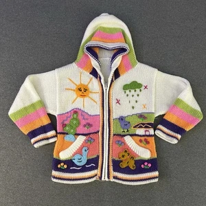Girls Arpillera Handmade Peruvian Sweater Sz 4 Zip Up Artisan White Pink Orange - Picture 1 of 17