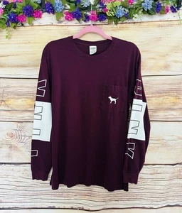 Victoria’s Secret PINK Maroon Colorblock Crew Neck Logo Long Sleeve T-Shirt M - Picture 1 of 8