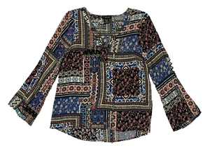 Womens Floral Patchwork Blouse TIMING Lace Up Front LS Boho Colorful M Y2K - Picture 1 of 12