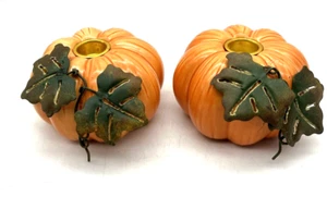2 Walnut Creek Orange Pumpkin Taper Candlestick Holders Metal Leaves P12320 - Picture 1 of 7