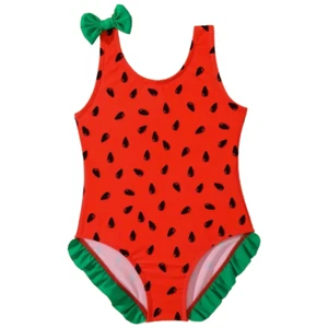 Watermelon One-Piece Swimwear w/ Bow & Ruffle Bathing Swimsuit Wide Straps New - Picture 1 of 5