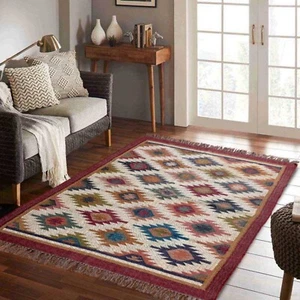 Geometric Jute Wool Rug Multi Color Reversible Bedroom Area Rug All Size Rug - Picture 1 of 8