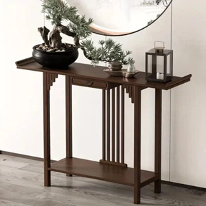 Bamboo Vintage Chinese-Inspired Console Table Entryway Desk with Drawer & Shelf - Picture 1 of 15