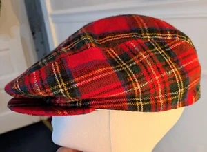VTG Red Green Blue Black Gold Plaid Newsboy Cabbie Hat Cap MEDIUM Lined Wool - Picture 1 of 7