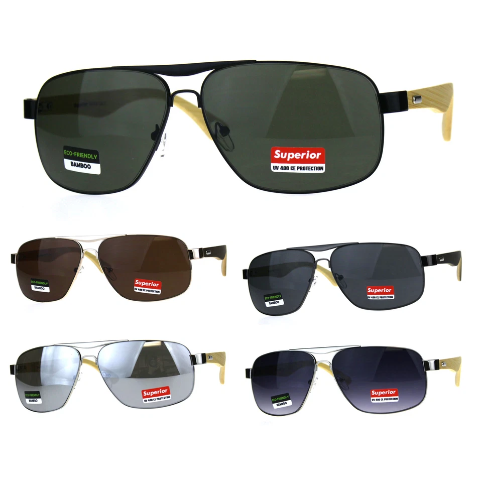 Mens Narrow Metal Pilots Officer Bamboo Wood Arm Sunglasses - Image 1 of 1