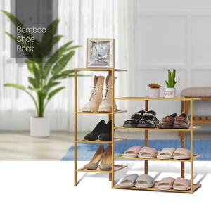 Entryway 30" Natural Bamboo [ZIG-ZAG COMBO SHELVES] 8-Tier Twin Stand Shoes Rack - Picture 1 of 10