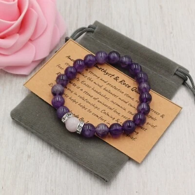 AMETHYST & ROSE QUARTZ Bracelet Handmade Crystal Healing Gemstone Stretch 6/8mm. - Image 1 of 4