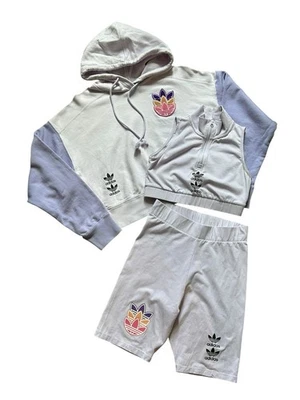 Adidas Trefoil Purple Lilac Cropped Hoodie Quarter Zip Top Biker Short Set Small - Image 1 of 4