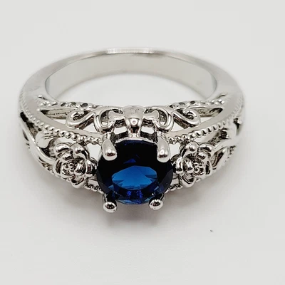 Anillo de Disfraz Moderno Azul Estrás Art Nouveau Floral Tono Plata Talla 9 Foto 1 de 4