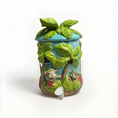 Jarra de selva dispensadora de bebidas de cerámica de 3 galones Sea to Shore Monkey & Palm Trees Foto 1 de 4