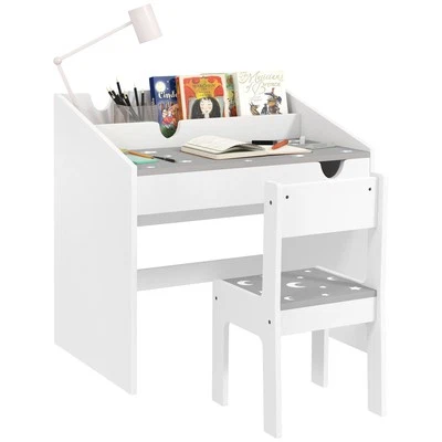 Conjunto de Mesa e Cadeira Infantil Qaba, Mesa de Estudo Infantil com Armazenamento, Cinza - Imagem 1 de 4