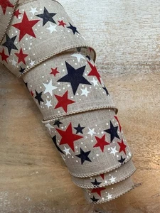 5 YARDS PATRIOTIC 4th Of JULY WIRE EDGE RIBBON 2 1/2" Wide - RED WHITE BLUE - Picture 1 of 5