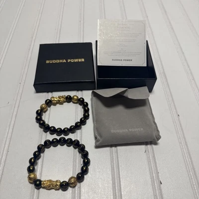 (2) Brazalete elástico budista Buddha Power negro y dorado obsidiana riqueza con caja* Foto 1 de 4