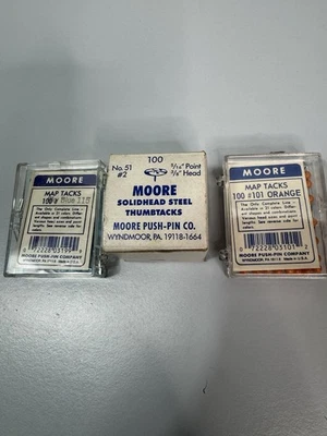 2 Boxes 100 Vintage Moore Metal Map Tacks,  Orange & Blue /1 Box 100 Thumb Tacks - Image 1 of 2
