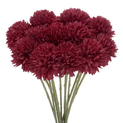 12pcs Flores de Bola de Crisantemo Artificial, 11" Ramo de Hortensias[Rojo Vino] - Imagen 1 de 4