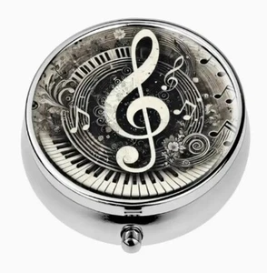 Musical Note Decorative Metal Pill Box Small Round Medicine Organizer Purse - Afbeelding 1 van 4