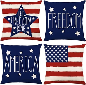 4-Pack 18X18 Inch Patriotic Pillow Covers, American Flag Design for Memorial Day - Picture 1 of 12