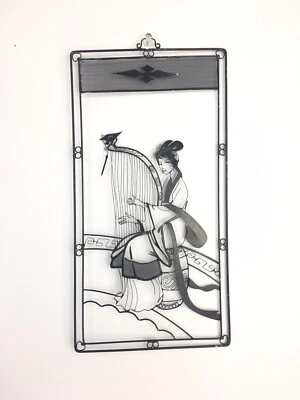 Vintage Antique Metal Painting Chinese Picture Lady is Playing Music Instrument - Image 1 of 4