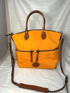 Dooney & Bourke Orange Nylon Large Pocket Satchel Brown Leather Accents - Picture 1 of 11