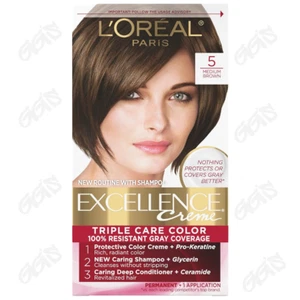 L'Oreal Paris Excellence Creme Perm 3x Care Gray Coverage Hair Color 5 Med Brown - Picture 1 of 6