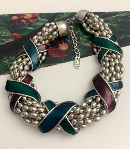 SAINT LAURENT (YSL) Collana vintage Yves Saint Laurent perle argento torsa avvolta in nastri smaltati