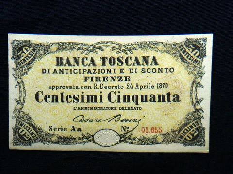 1870 Italy Banca Toscana Banknote 50 cents UNC GEM HIGH QUALITY Cover
