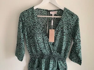 Dancing Leopard Zion Jumpsuit Size 6 8 Mint Green Animal Print Wrap Pockets BNWT - Picture 1 of 8