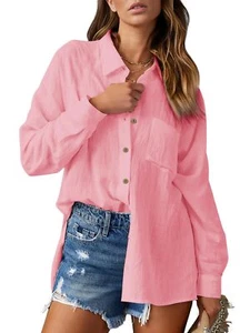 Womens Linen Button Down Shirt Cotton Dress Shirts Long Sleeve Collared Work ... - Picture 1 of 6