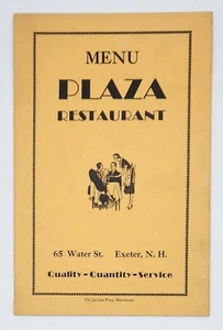 Menu ristorante Plaza anni '30 di Exeter, New Hampshire - stampa errata all'interno - Foto 1 di 3