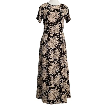 Maxi Vestido LAURA ASHLEY De Colección Ajuste y Acampanado Floral Midi Negro Beige Cottagecore Talla 6 Foto 1 de 4