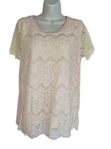 Leo.meets virgo Pink & Cream Lace Short Sleeve Tee L officecore - Picture 1 of 3