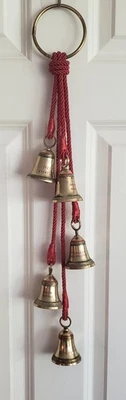 Vintage 5 Brass Bells Etched Merry  Christmas 5 Languages Red Rope Hoop 27" - Image 1 of 4