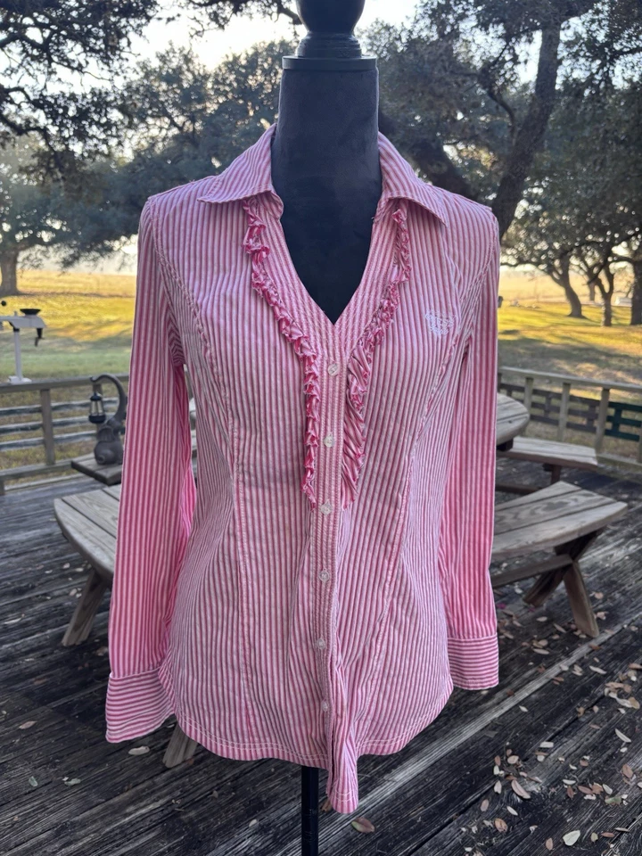 Guess 100% algodão rosa rosa rosa e borgonha listra de babado manga longa vintage grande - Imagem 1 de 4