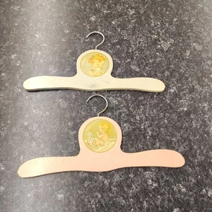 Set Of 2 Vintage Child Wooden Clothes Hangers Pink & Green Nursery Decor - Picture 1 of 8