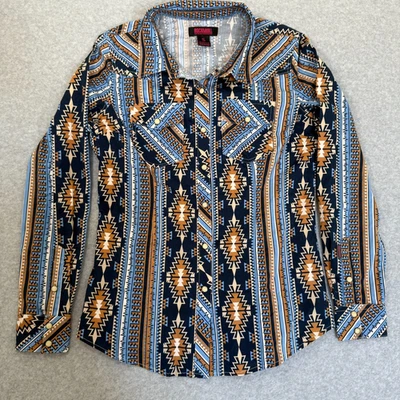 Camisa a Presión Rock&Roll Estampado Azteca Manga Larga Perla Para Mujer Talla S Foto 1 de 4