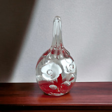 VTG Joe St. Clair Glass Teardrop Bubbles Red Floral Ring Holder Paperweight.