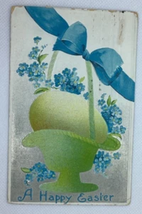 Postcard Happy Easter Large Egg Basket Ribbon Flowers Embossed D154 - Picture 1 of 2