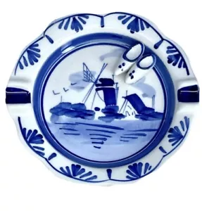 VTG Hand Painted Blue Delft Windmill Porcelain & Clogs Ashtray Trinket Dish MCM - Picture 1 of 9