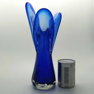 Cobolt Blue Art Glass Vase Mouth Blown Handmade Tri Lobe Large Decorative MCM VG - Picture 1 of 12
