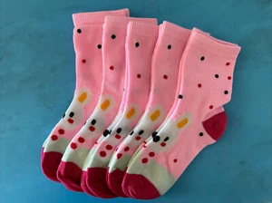 Kids Novelty Colorful Bunny Pink Pok-a-Dots Crew Socks 5 Pair Sizes S-L - Picture 1 of 15
