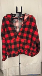 No Boundaries Girl's 3/4 quarter fleece plaid red hoodie size XL - Picture 1 of 3